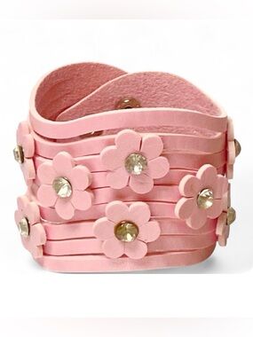 Pink Rhinestone Flower Wave Cuff Bracelet Faux Leather Adjustable NWT